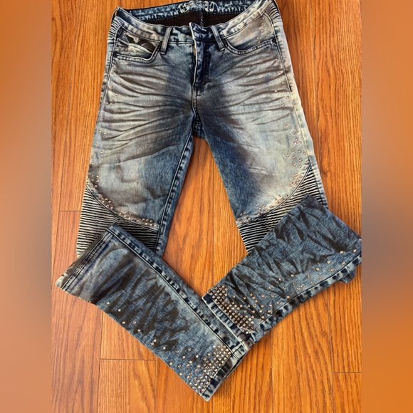 RARE * ROBIN’S JEANS MOTORCYCLE MOTO ACID WASH STUDDED JEANS * Cut 606966 * Y2K - Picture 3 of 17